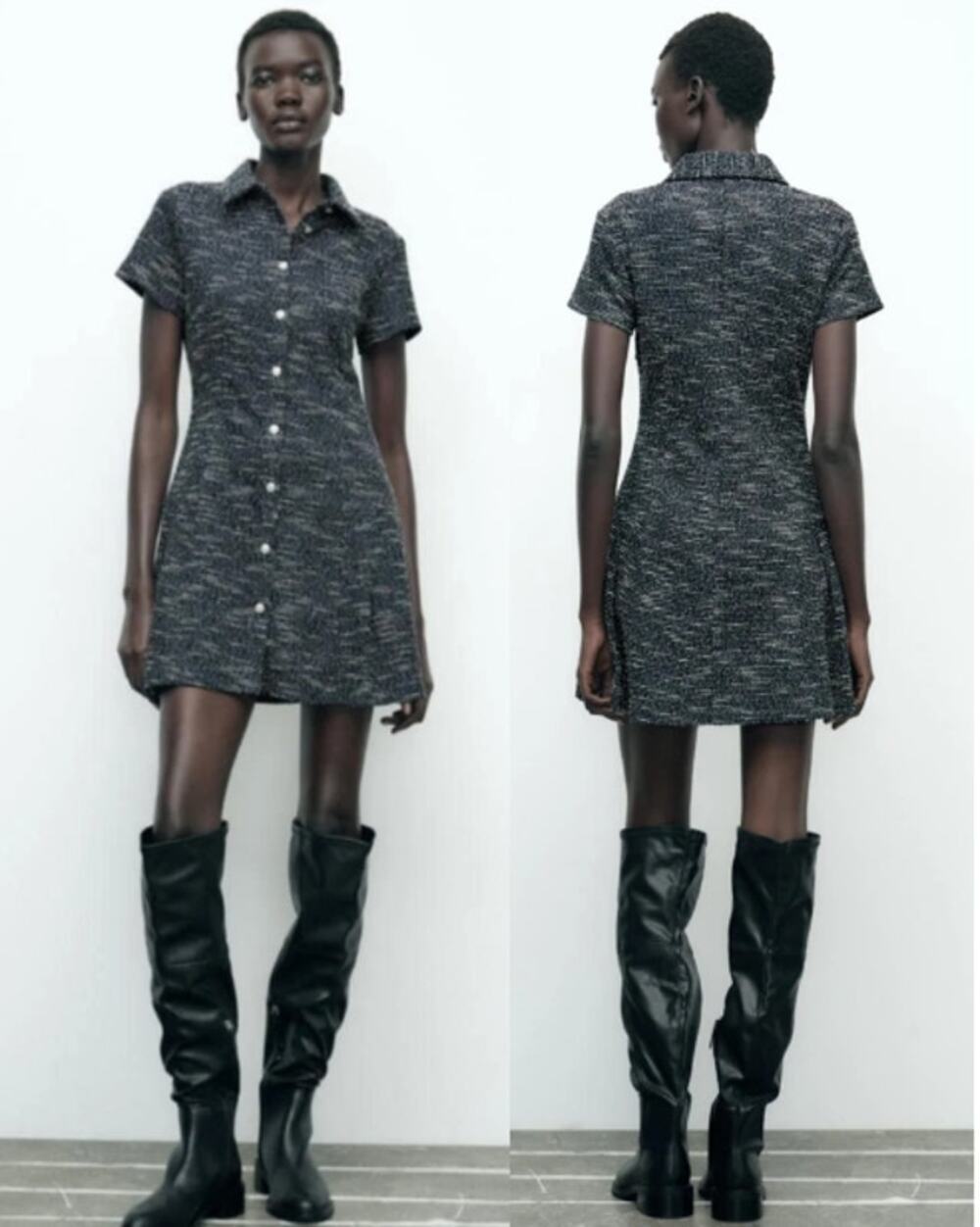Zara Short Sleeve Collared Ruffle Hem Button-Up Tweed Mini Dress Navy White S - Picture 1 of 10